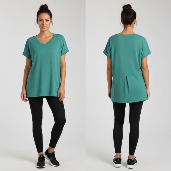 Avia Women’s Activewear Top Green Micro Dots Short Sleeve V-Neck Size L (12-14) - Picture 1 of 8